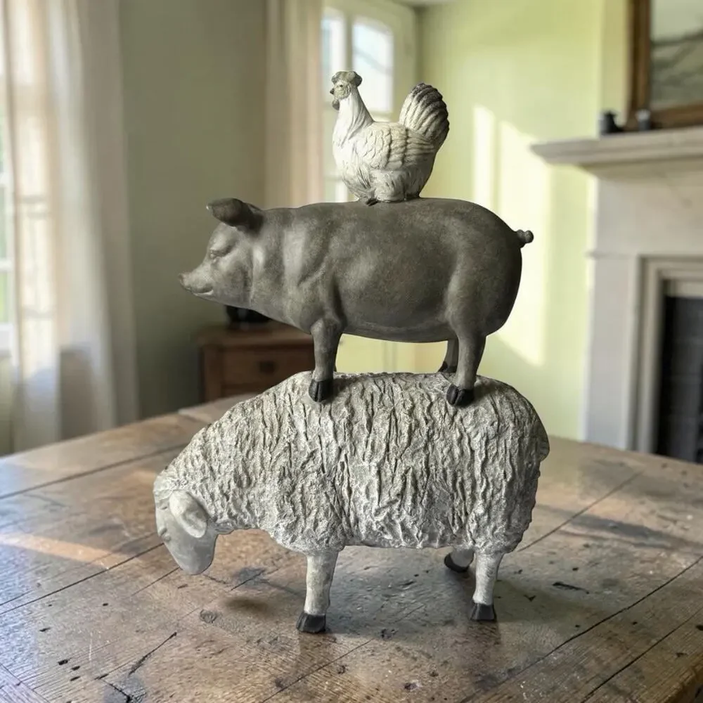 Vintage Stacked Animals Figurine Sheep Pig Rooster Resin French Country Decor